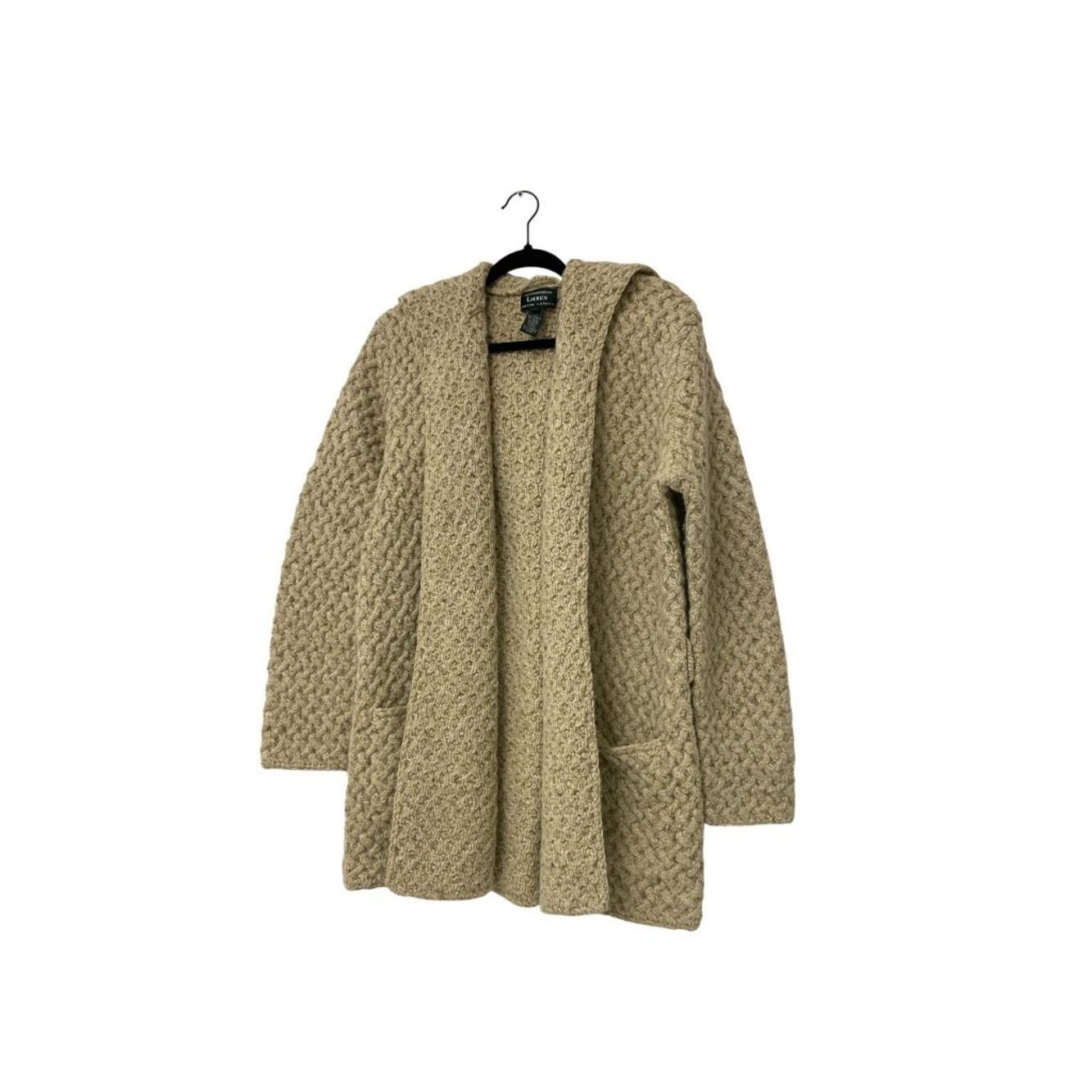 Lauren Ralph Lauren Women Cardigan Sweater S Beige Chunky Knit Lambswool Hooded